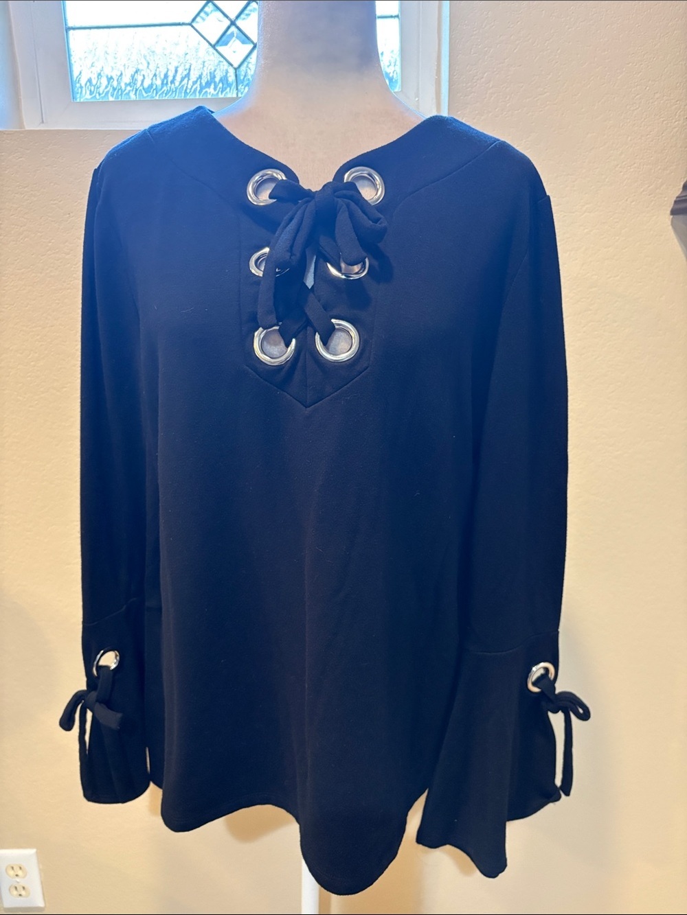 INC International Concepts Black Lace-Up Long Sleeve Top